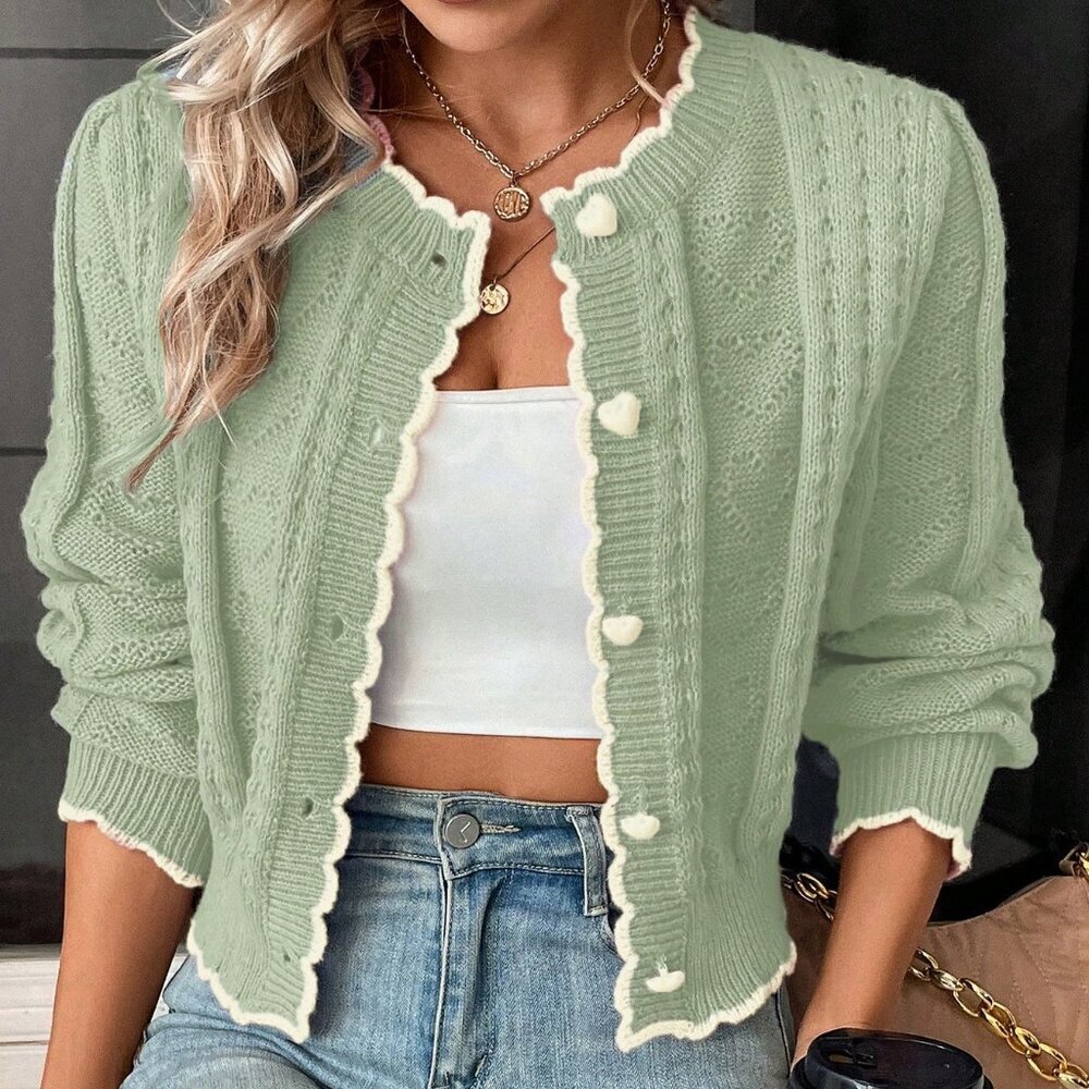 Green Casual Women's Long Sleeve Contrast Trim Cardigan